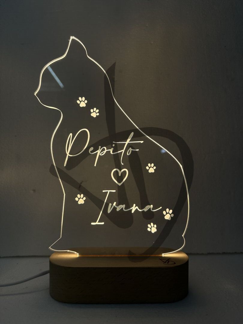 Maßgefertigte Produkte - Individuelle Lampen und Nachttischlampen - Dekorierte Acrylglaslampen mit personalisiertem Holzsockel - Lampade in acrilico plexiglass decorato con grafica gatto e nomi con piedistallo in legno